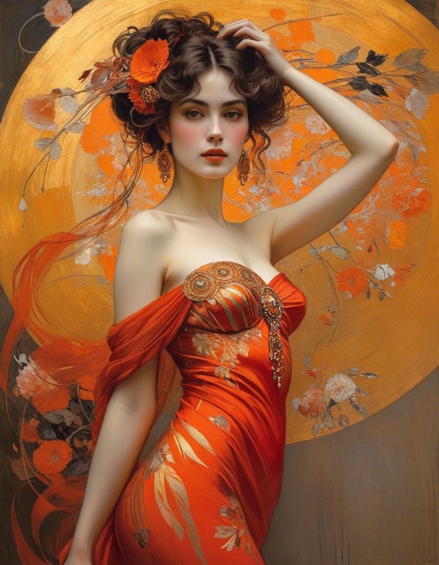 Example result. Prompt: beautiful woman in (red and orange), by Gustav Klimt, Giovanni Boldini and Bob Peak, artistic painting, intricate, cinematic lighting,…