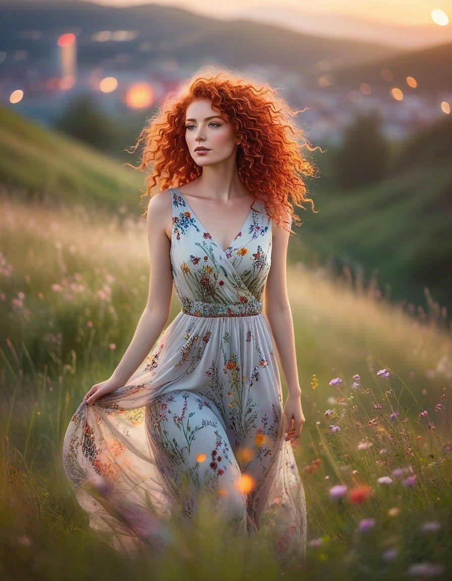Example result. Prompt: beautiful woman with red curly hair, blowing in the wind, wearing a sleeveless dress with a wildflower print, walking across a hill…