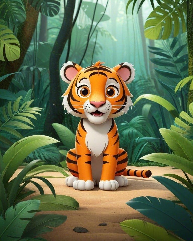 Example result. Prompt: cartoon tiger, minimalist, hand drawn. In a jungle. Big cute eyes and a gleeful expression. Hilarious caricature in a flat 3D cartoon…