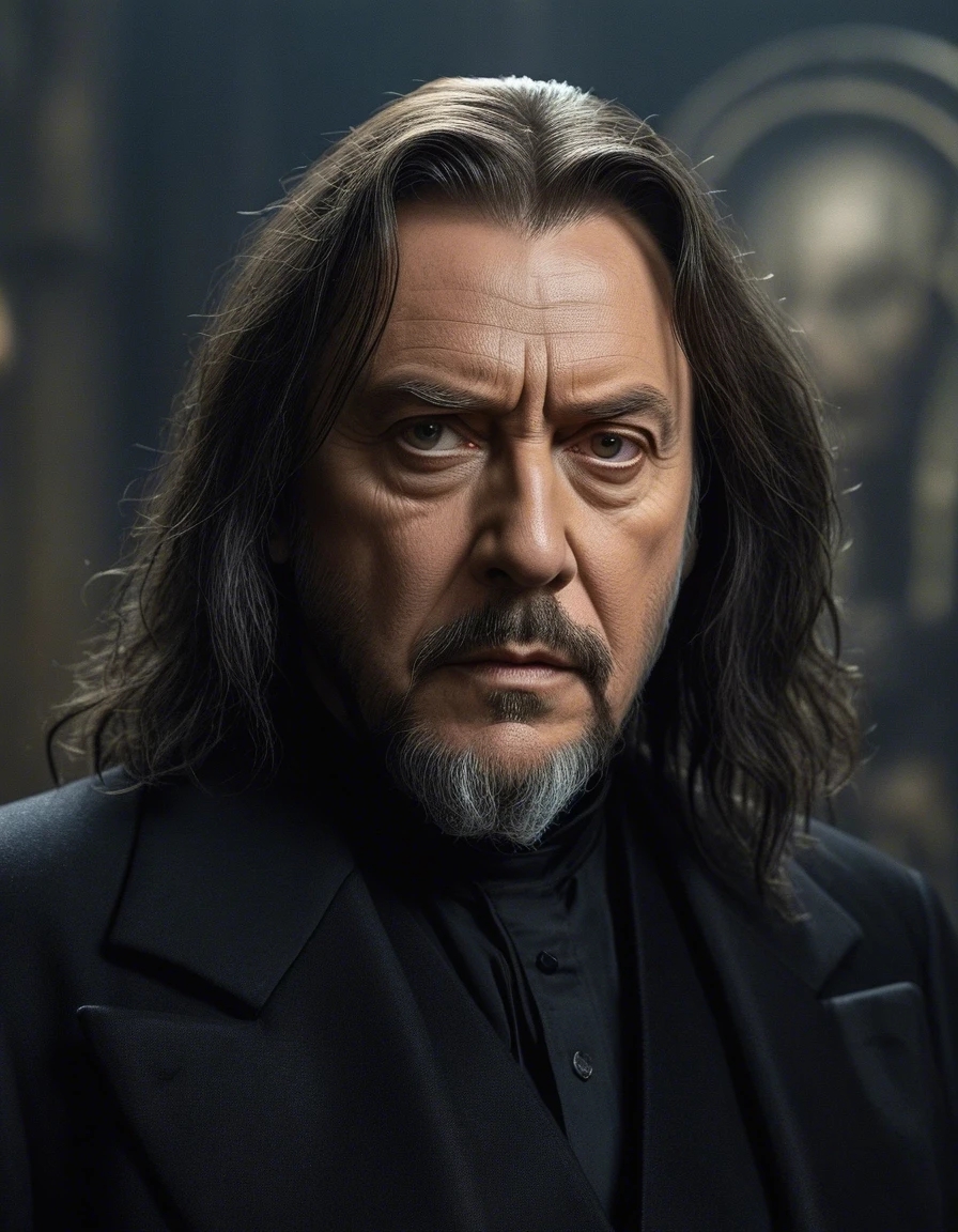 Example result. Prompt: close portrait of a villain character, his facial characteristics combine hans gruber and (grima wormtongue); he has long grimy hair,…