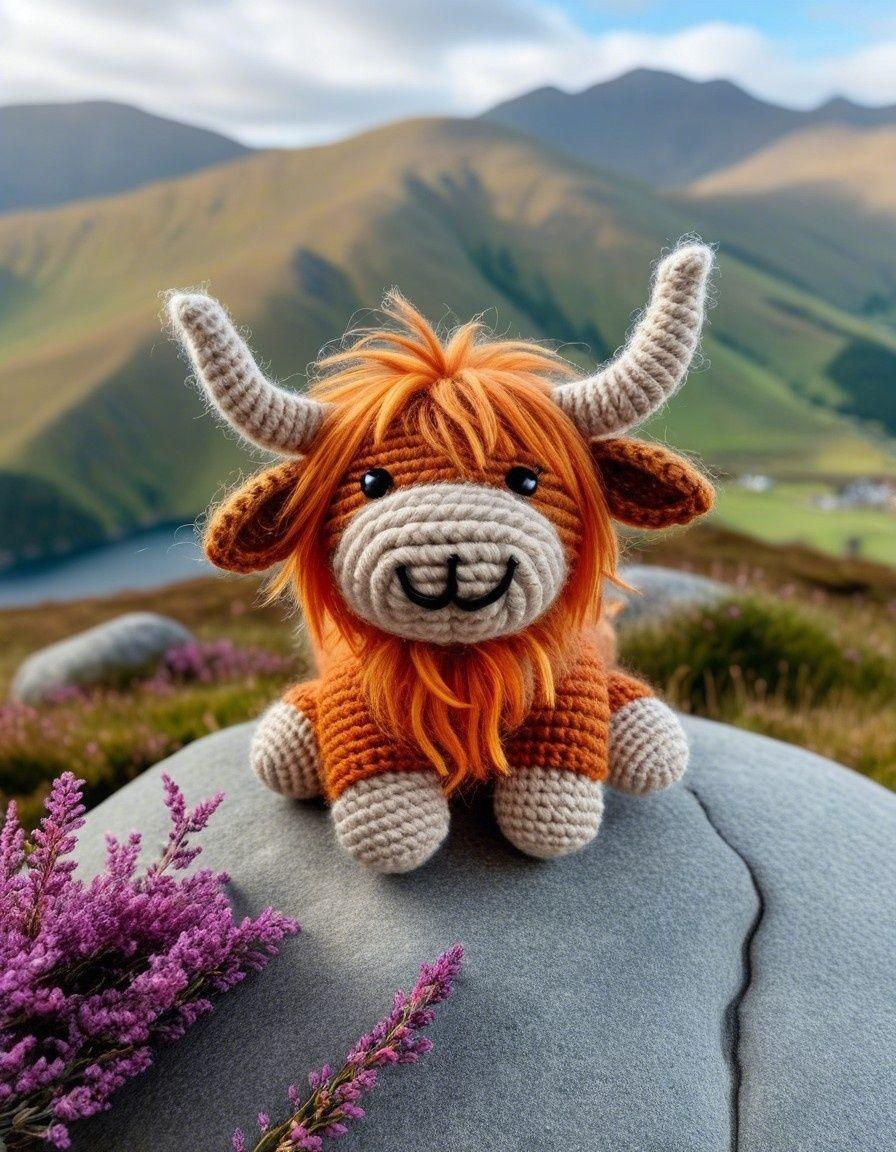 Example result. Prompt: cute highland cow, on a rock, rolling hills with heather in the background, (amigurumi:1.3), made of yarn, crochet and knit, cute…