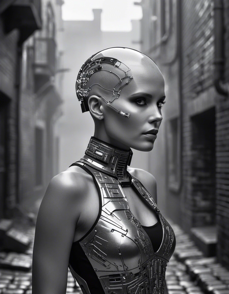 Example result. Prompt: cyborg woman with (cyborg circuitry on her skull), no hair, wearing a cyberpunk halter blouse in silver metallic, in a brick alley at…