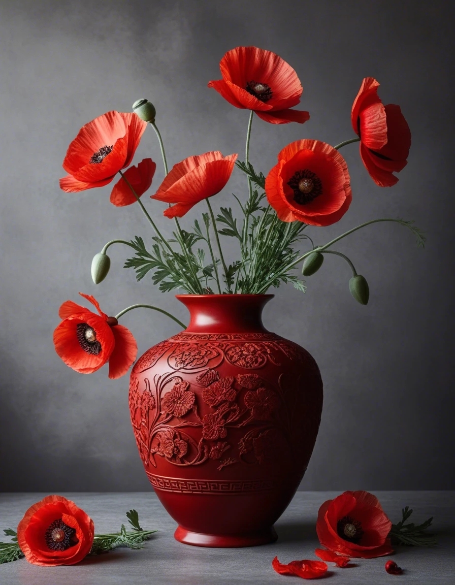 Example result. Prompt: dark red cinnabar vase with scroll carvings, with red oriental poppies, close up, minimalist still life, fine art photography,…