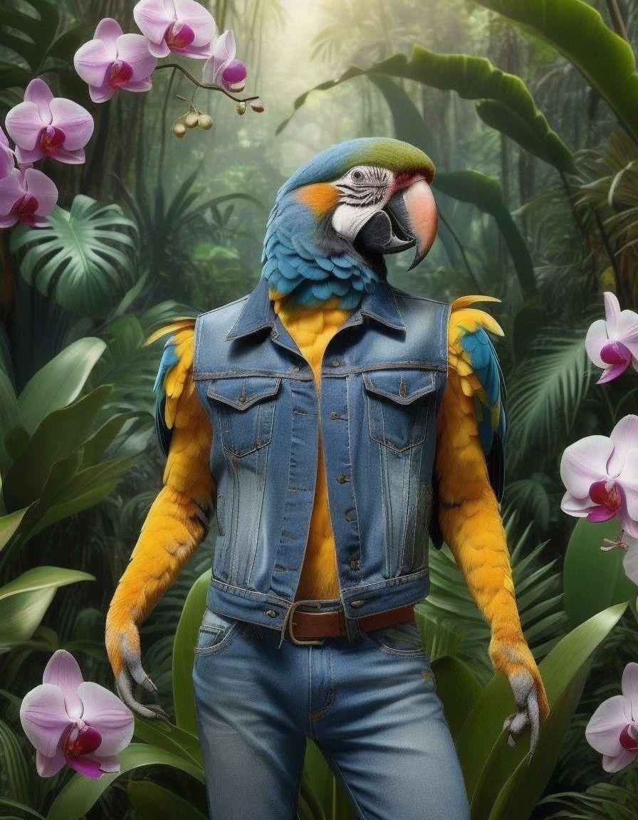 Example result. Prompt: anthropomorphic parrot wearing a sleeveless denim vest and pants, wings showing. in a tropical forest surrounded by orchid flowers and…