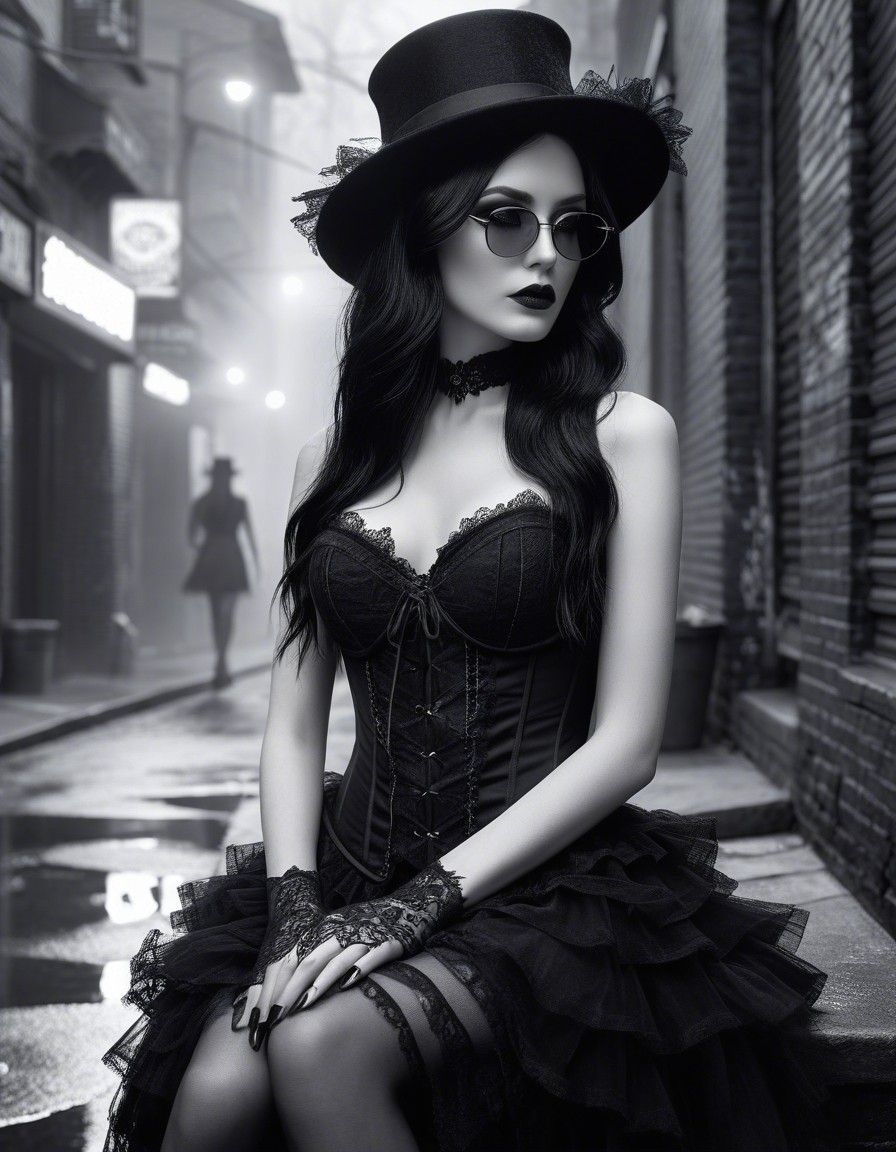 Example result. Prompt: surreal digital artwork in high contrast black and white, featuring a tall, slender woman with long, flowing black hair and pale skin.…