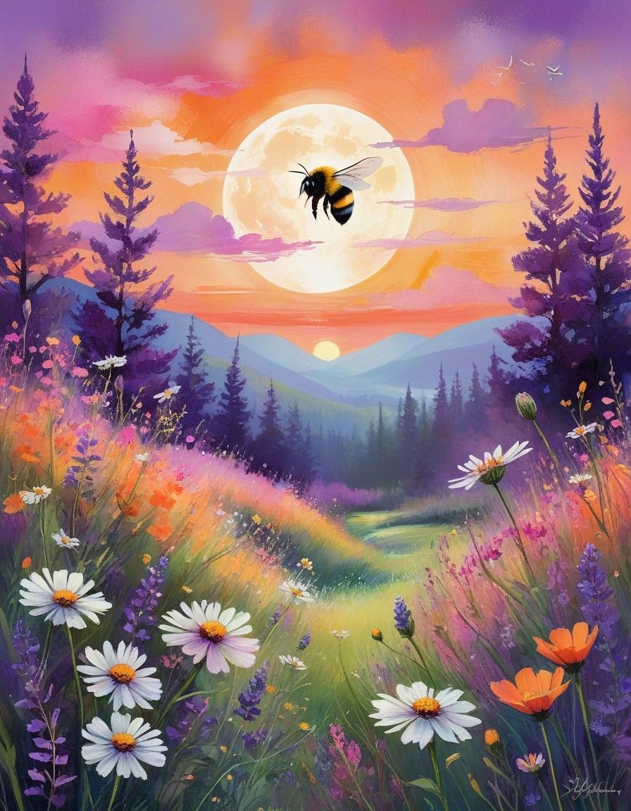 Example result. Prompt: This is a digital illustration in a whimsical, impressionistic style. It features a bumblebee flying in a vibrant, colorful meadow…