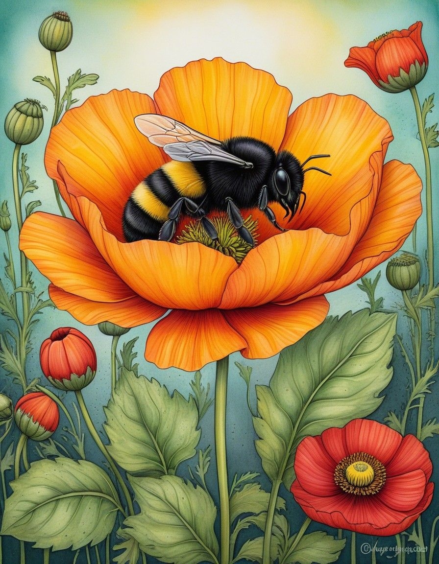 Example result. Prompt: whimsical drawing featuring a black and yellow bumblebee sleeping inside a big poppy flower. The background is a blurry combination of…
