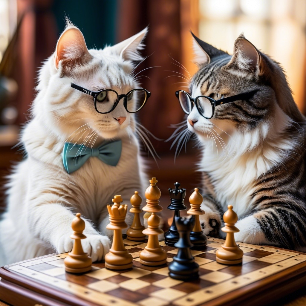 Example result. Prompt: cute cat, wearing nerdy glasses, playing chess against another cat, (ethereal fantasy), award winning cinematic shot Negative Prompt:…