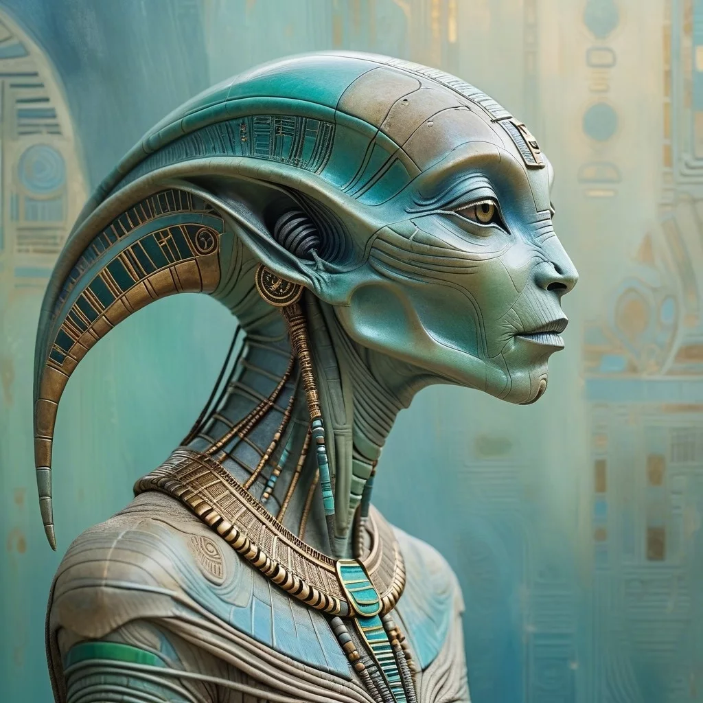 Example result. Prompt: Egyptian-inspired baroque rendition of an ancient (alien:1.3) creature, (close up profile), moody, expressive, ornate, dramatic,…