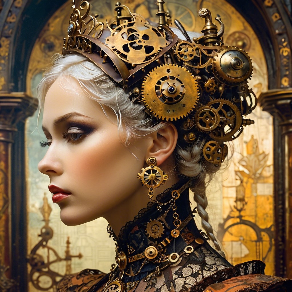 Example result. Prompt: steampunk-inspired baroque rendition of a beautiful queen, (close up face profile), moody, expressive, ornate, dramatic, detailed,…