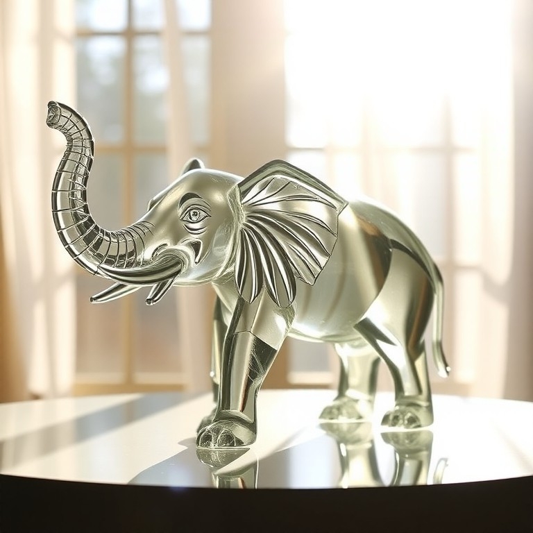 A translucent glass elephant on a table, lit by sunlight from a window