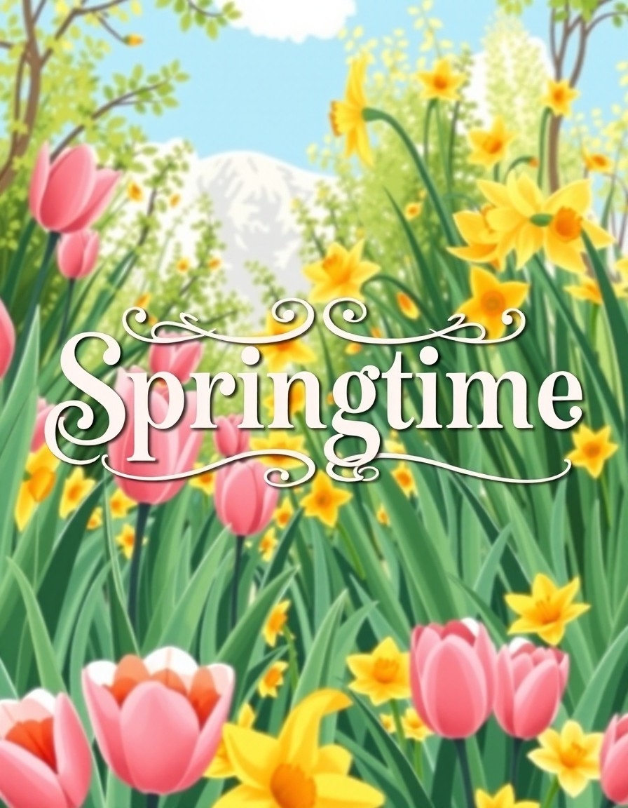 Example result. Prompt: A lush Spring garden from a low perspective, with tulips and daffodils. The artwork is overlaid with large "Springtime" text in a bold…