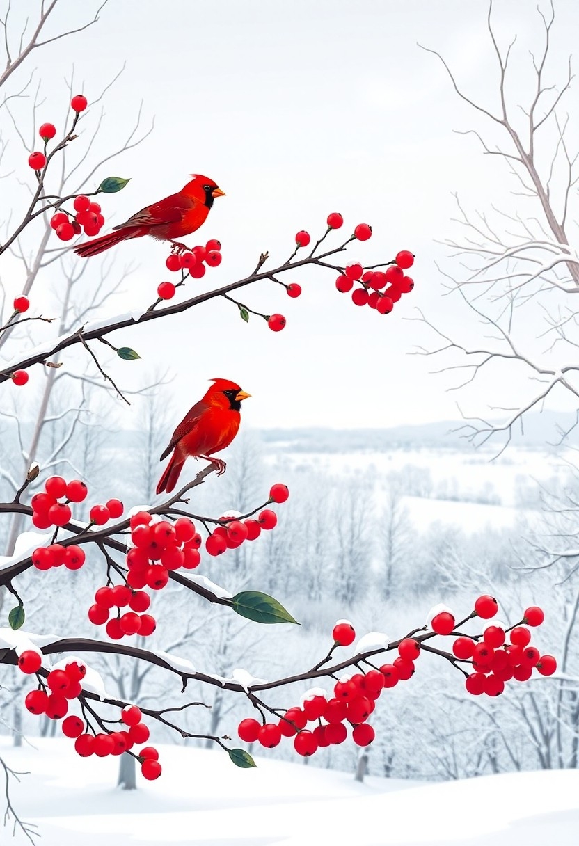 Example result. Prompt: a winter scene, berry branches with red birds, snowy landscape in the background, leafless trees with snow on the branches, minimalist…