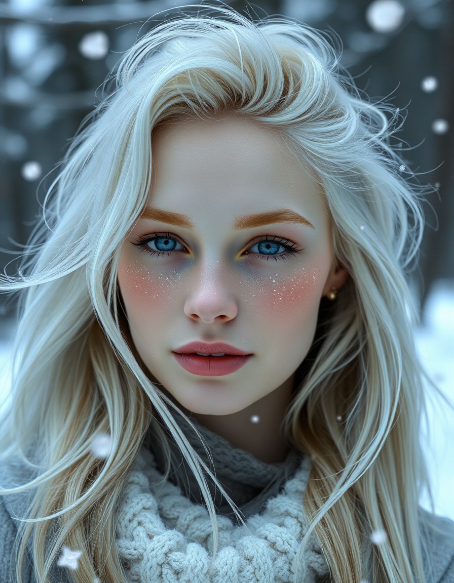 Example result. Prompt: beautiful woman with pale skin and white hair, (sparkles on her cheeks), (small snowflakes in her hair), winter scene in the…