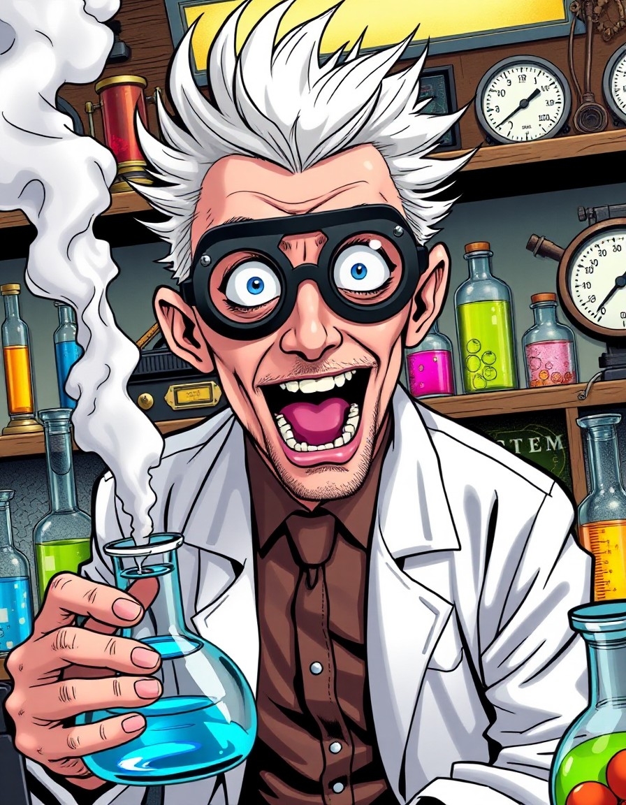 Example result. Prompt: chic mad scientist with short whispy pointy white hair, eye goggles, lab coat. he has a crazed excited expression as though he has…