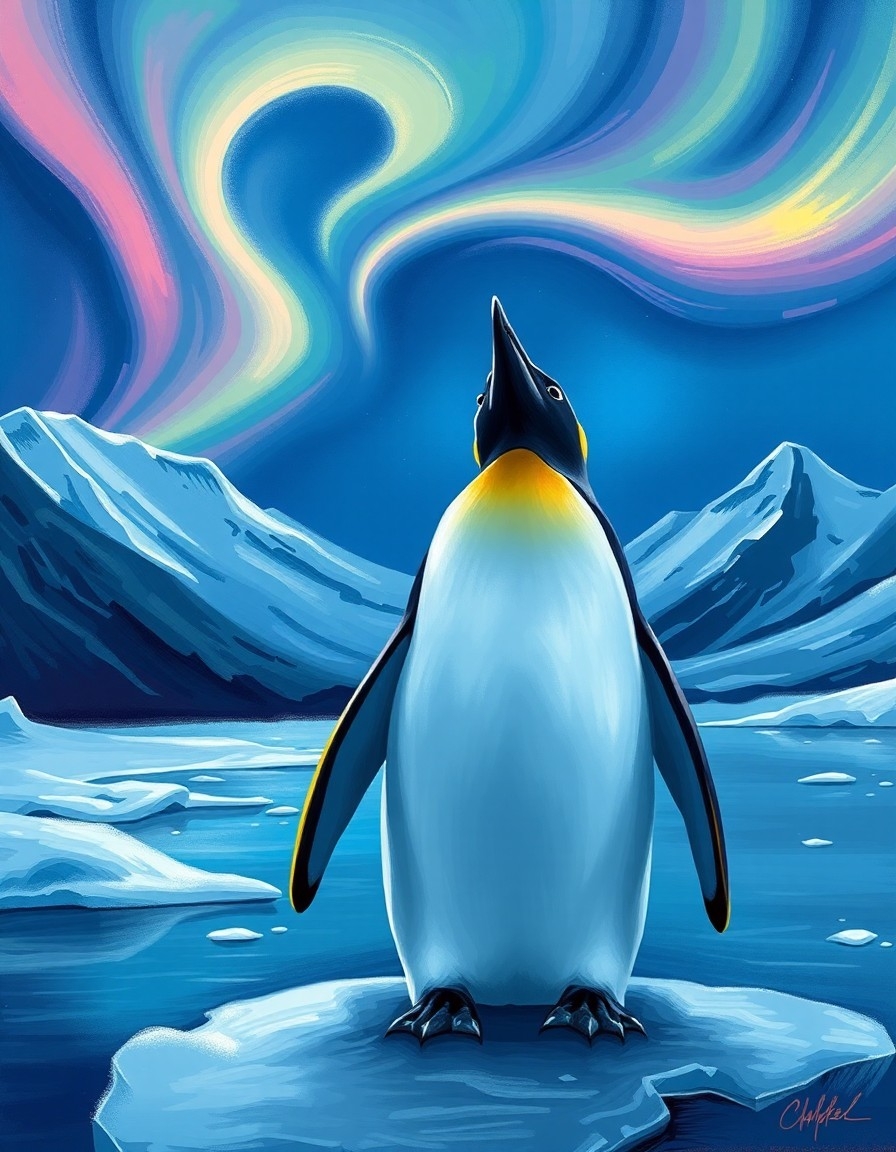 An impressionist painting of a penguin on the ice looking up at a swirling aurora