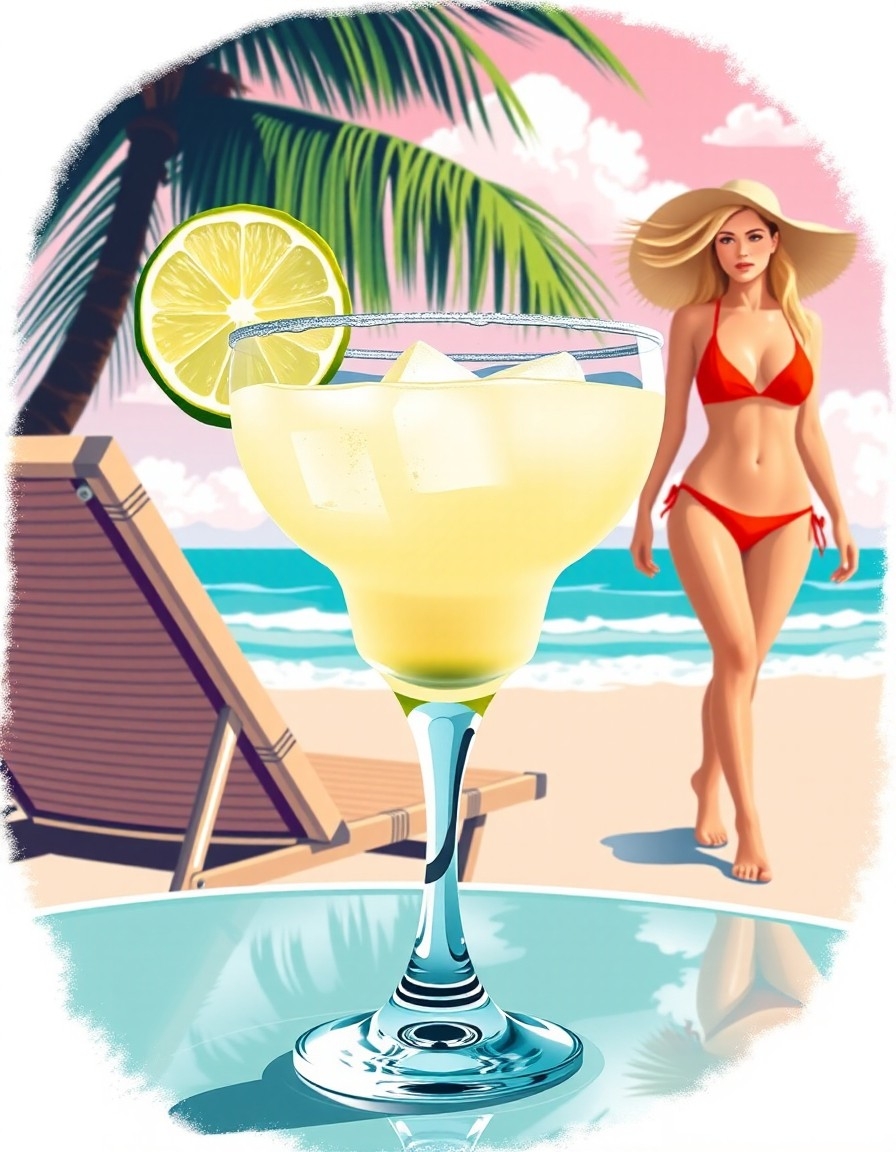 Example result. Prompt: Create cocktail artwork with tropical vibes. Layer 1 (Foreground): Focus on a margarita in a glass with a lime slice on the rim. The…