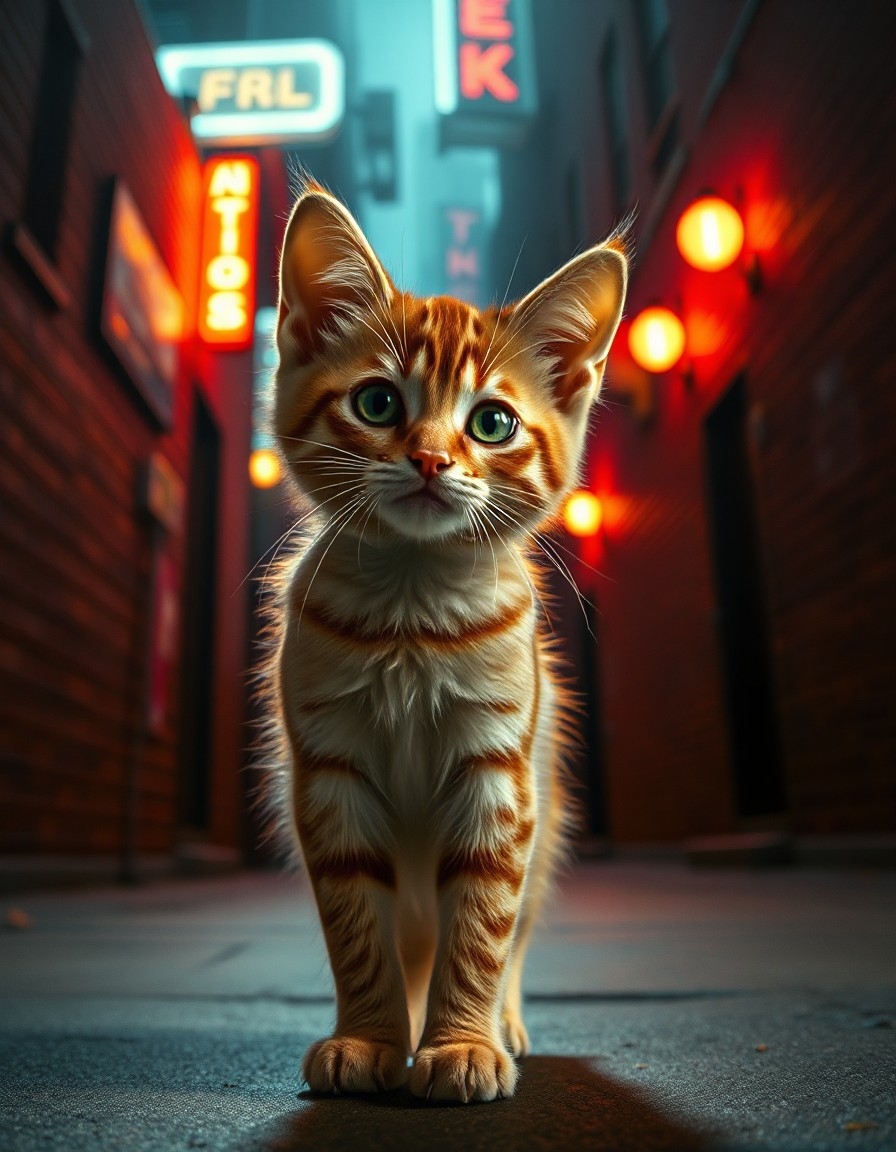 Example result. Prompt: cute ginger kitten with long whiskers and green eyes, standing in the shadows of a downtown alley, standing with his back against a…