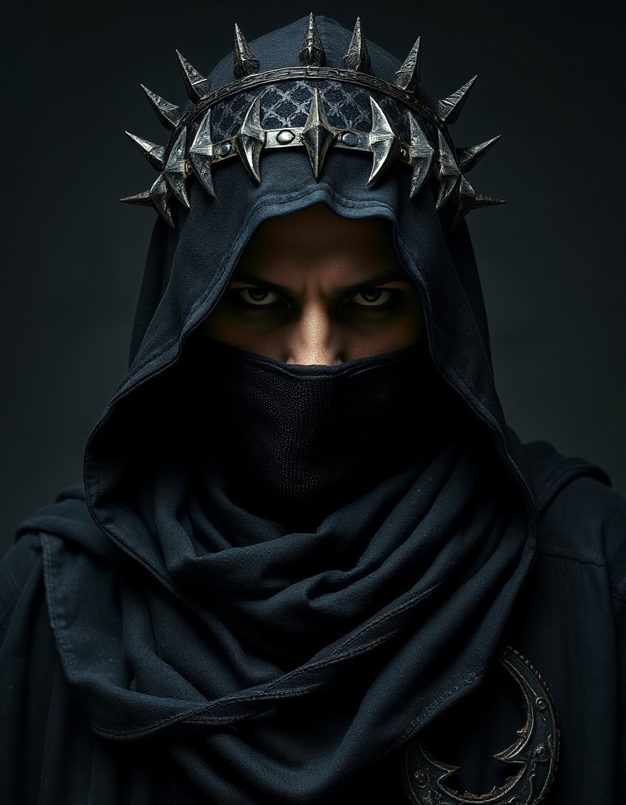 Example result. Prompt: dark horror Assassin, black shadow over his face, Dark gothic Style, he wears a black crown of long ornamental spikes over a dirty…