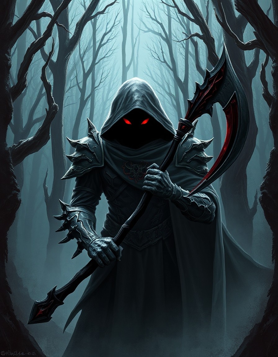 Example result. Prompt: enigmatic, shadowy figure emerging from a dark forest, His face is obscured, with only two glowing red eyes piercing through the…