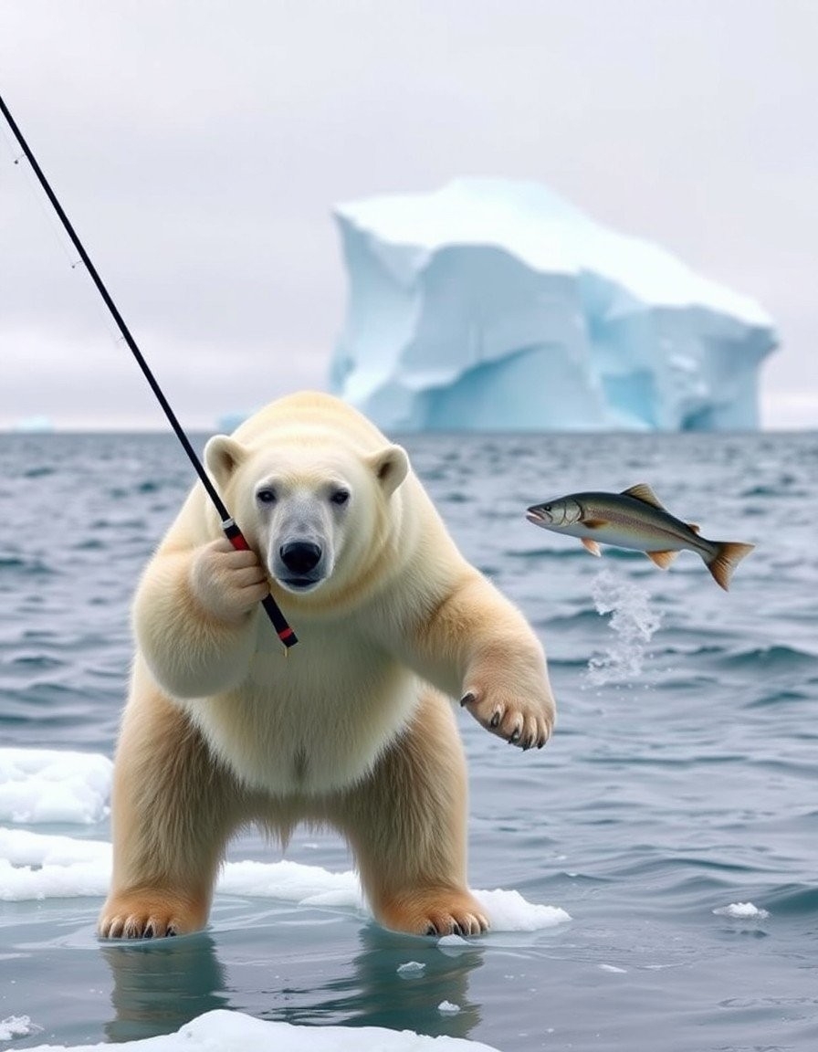 Example result. Prompt: In the foreground, a polar bear holding a fishing pole in his paw, standing on the ice at the edge of the water. Far behind it, a fish…