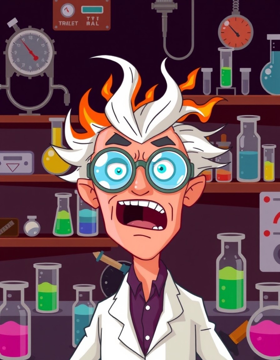 Example result. Prompt: mad scientist with short whispy pointy white hair with burned tips, eye goggles, lab coat. he has a crazed exhilarated expression as…