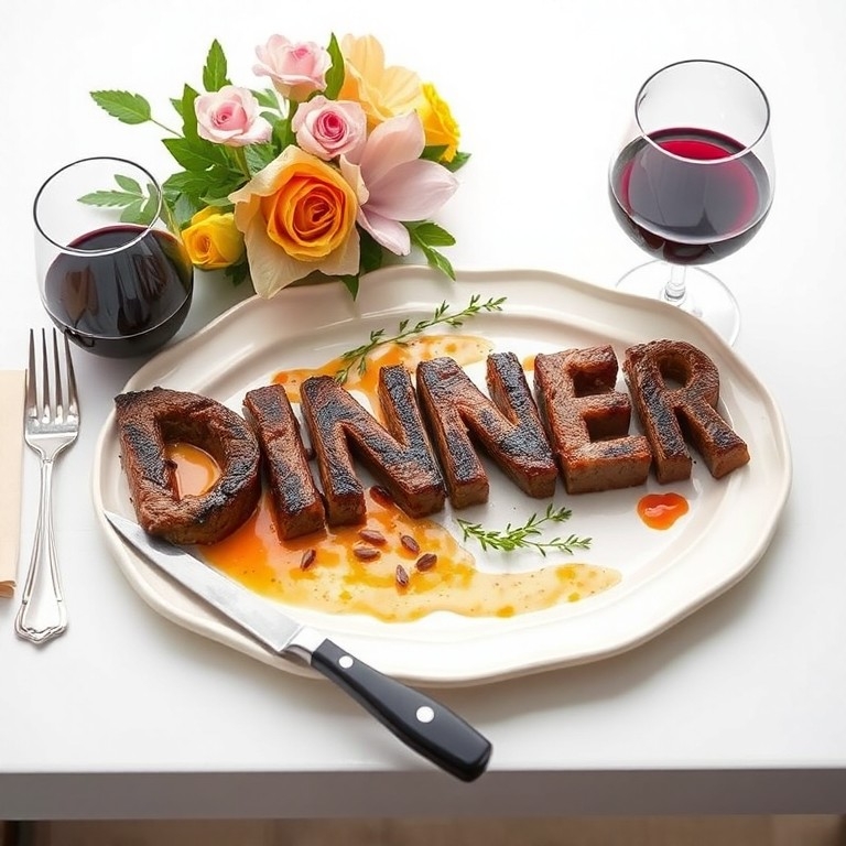 Example result. Prompt: The word "Dinner" made of meat laying on a plate with with garnish. a knife and fork lay next to it. beside the plate there is a glass…