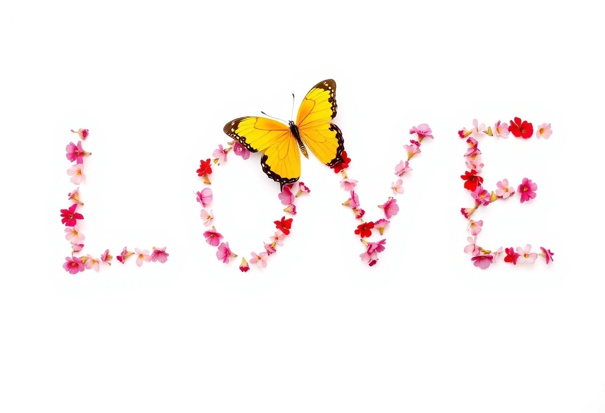 Example result. Prompt: The word "LOVE" made out of small pink and red flowers on a white background. A yellow butterfly is landing on the "V"Steps: 5Size:…