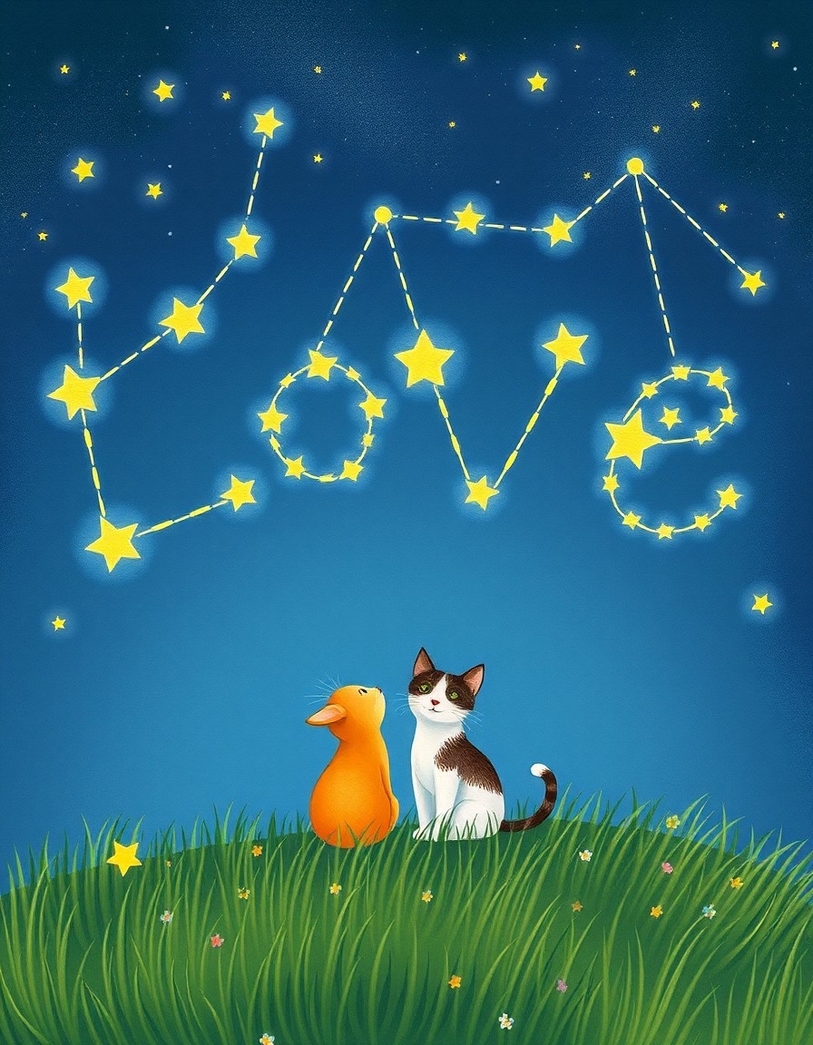 Example result. Prompt: The word "Love" spelled out with stars connected with lines. The text looks like a constellation in the night sky. In the foreground,…