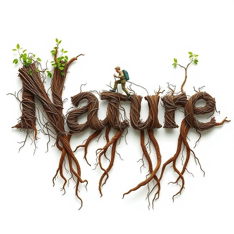 Example result. Prompt: The word "Nature" made of woven vines and roots with a male hiker climb up it. Size: 768x768Submitted by: PenguinFoop