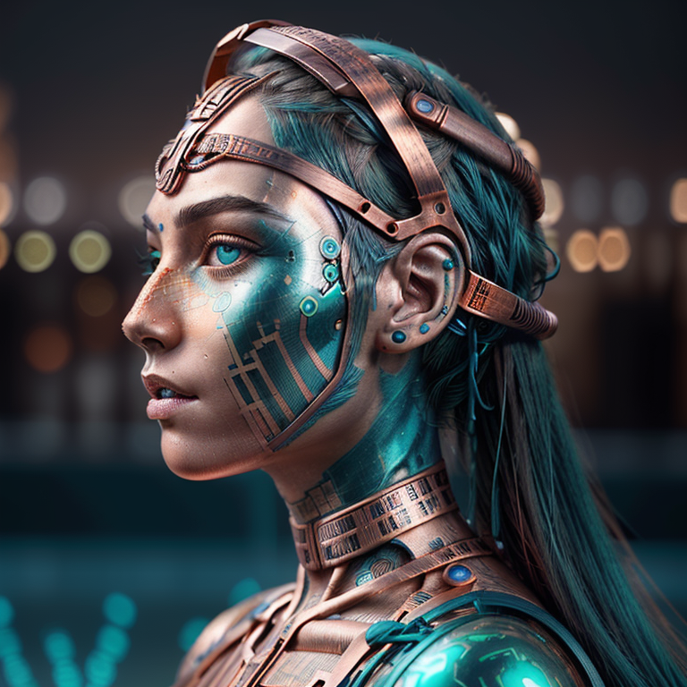 Example result. Prompt: beautiful woman with (intricate copper circuits on head:1.4), beautiful teal eyes, (biopunk cyborg in metallic copper), highly…