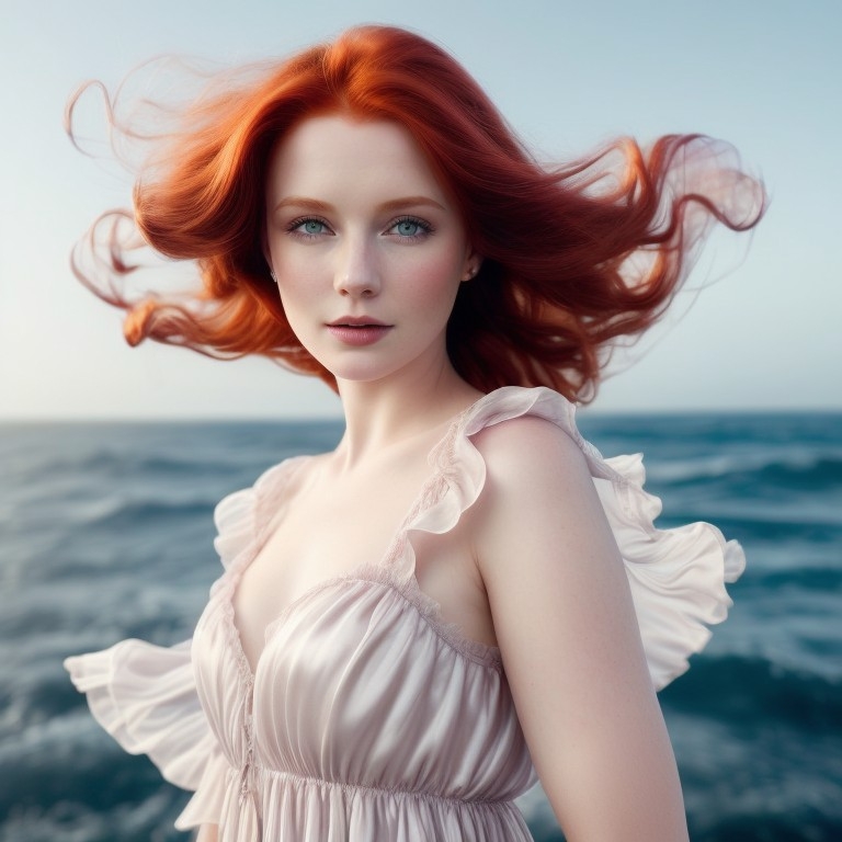 Example result. Prompt: beautiful+ redhead woman wearing a (gauzy silk dress:1.1), in magenta gray, (flying in the wind:1.1), (close up, portrait), in front…