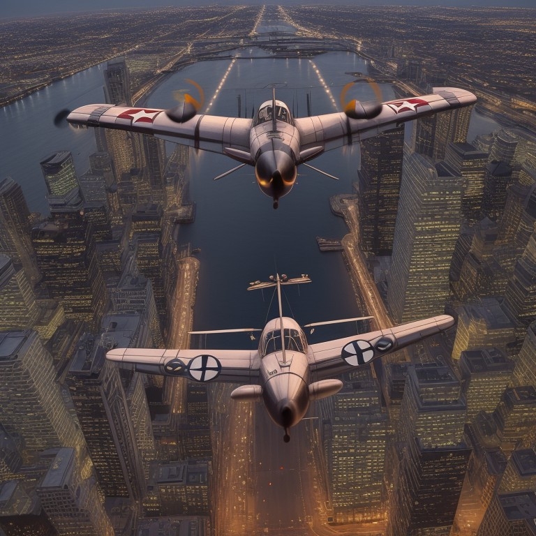 Example result. Prompt: beautiful symmetrical antique airplane doing an air show over a downtown city, best quality, cinematic lighting, realistic, highly…