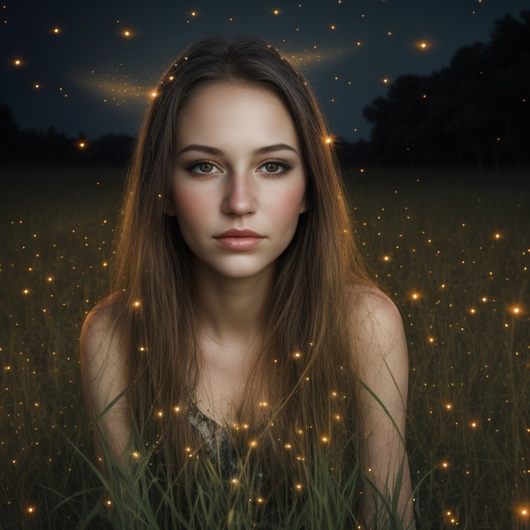 Example result. Prompt: beautiful woman, portrait, in a field after dusk, full of fireflies+, (light field photography:0.8) Negative Prompt: Guidance Scale:…
