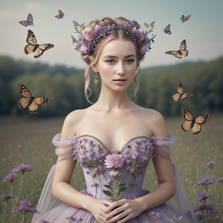Example result. Prompt: beautiful woman, surrounded by butterflies, modern elegant rococo, alien flowercore, haute couture fashion editorial, in a wildflower…
