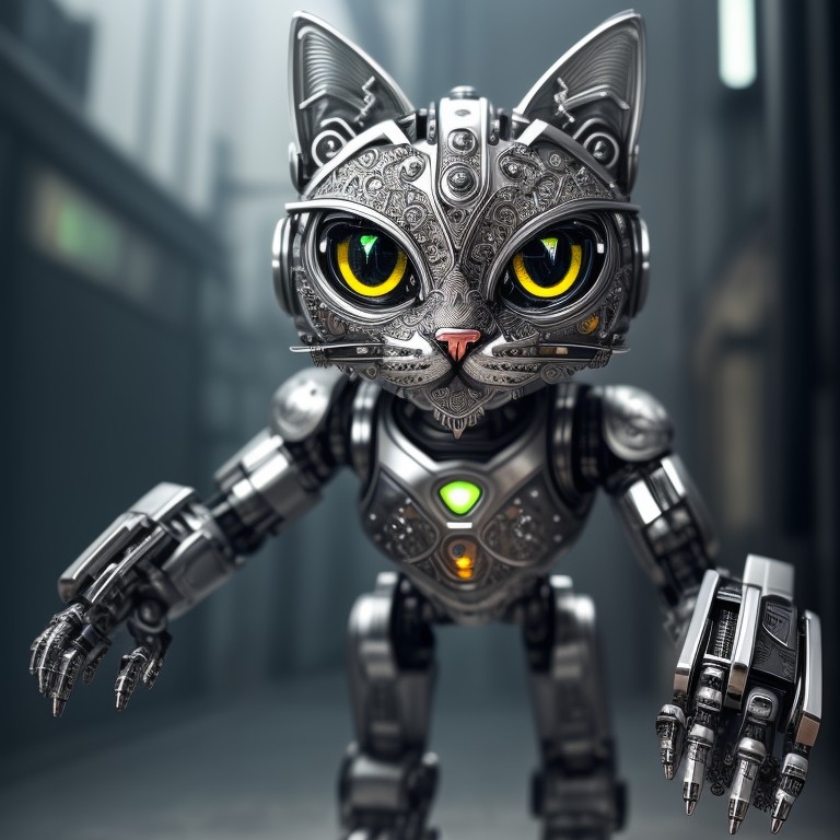 Example result. Prompt: cute robotic cat made out of metal, (cyborg:1.1), hdr, (intricate details, hyperdetailed:1.2), cinematic shot, vignette Negative…