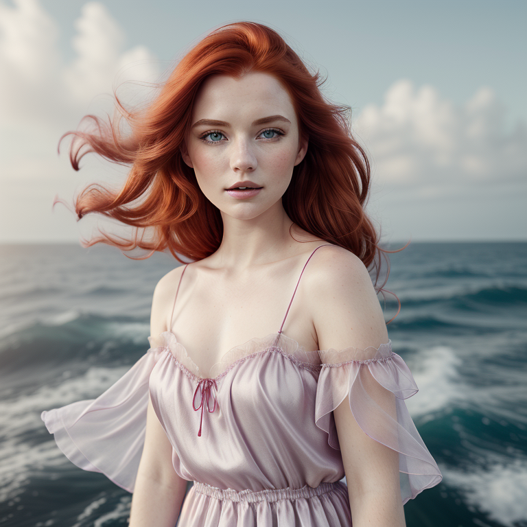Example result. Prompt: beautiful+ redhead woman wearing a (gauzy silk dress:1.1), in magenta gray, (flying in the wind:1.1), (close up, portrait), in front…