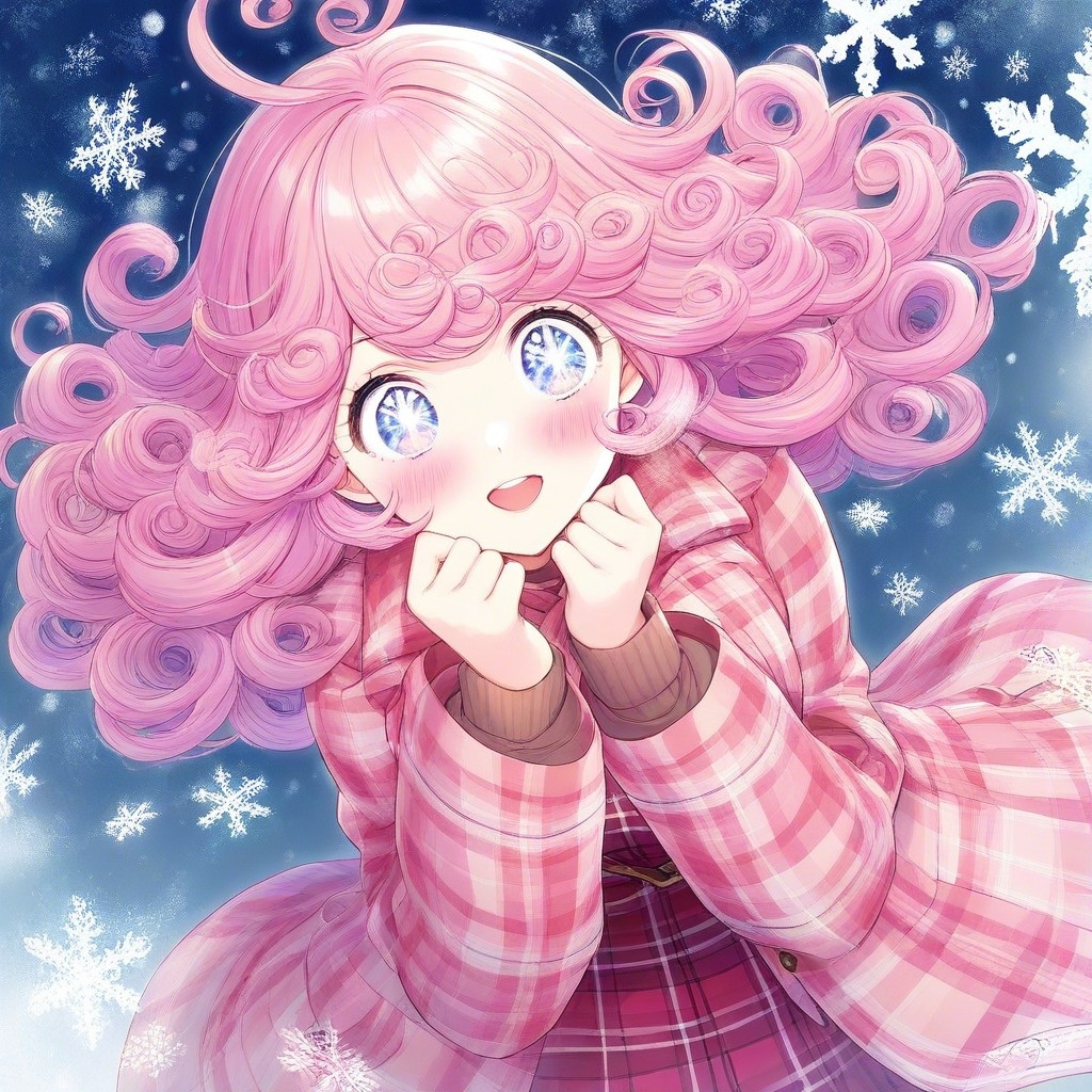 Example result. Prompt: 1girl, bending forward, blush, plaid wool coat, pink curly hair, sparkly eyes, snowfall, winter forest background, masterpiece, best…