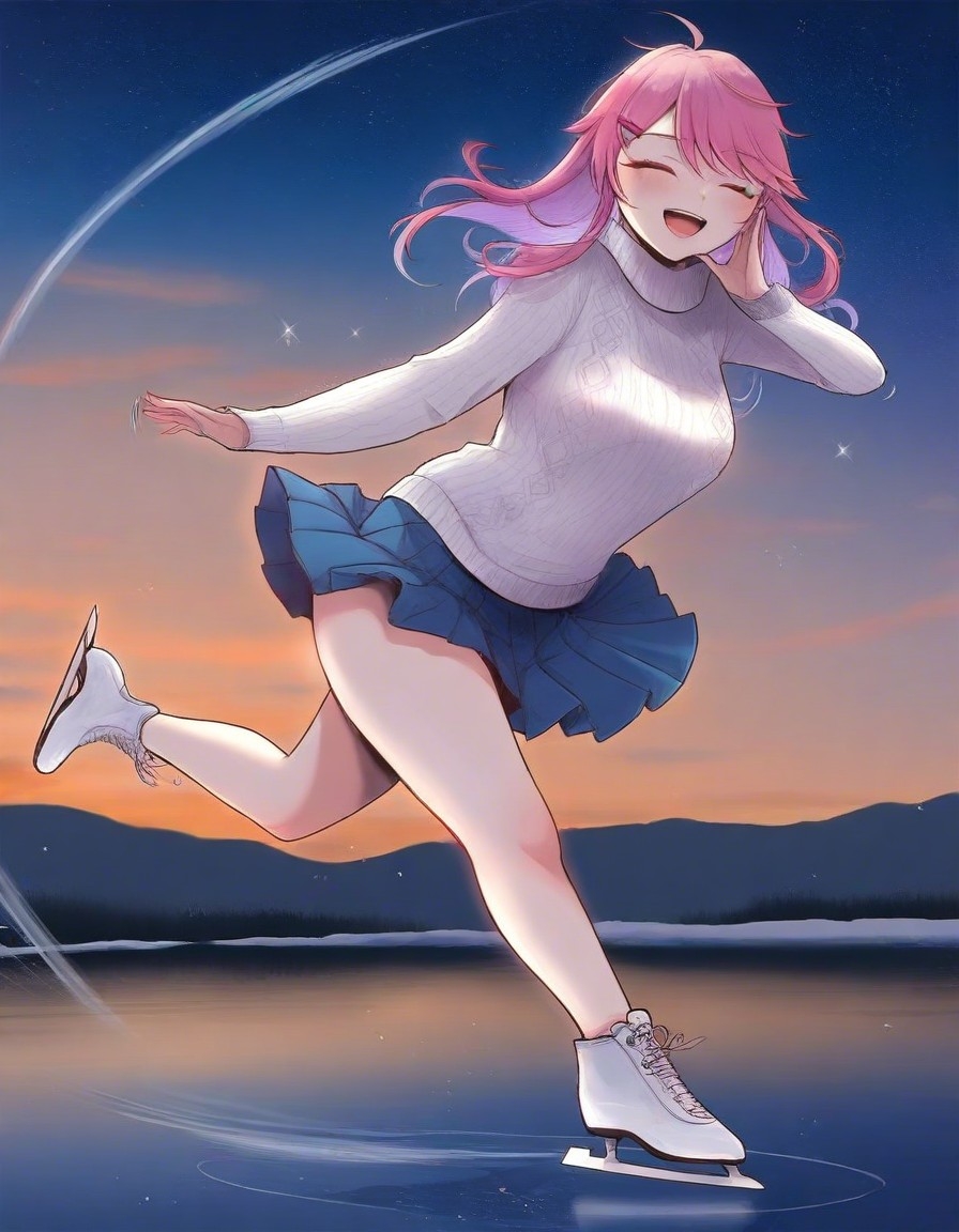 Example result. Prompt: 1girl, laughing, cute sweater, fuzzy sweater, pleated skirt, flared skirt, pink hair, ice skating, spinning on 1 foot, motion lines,…