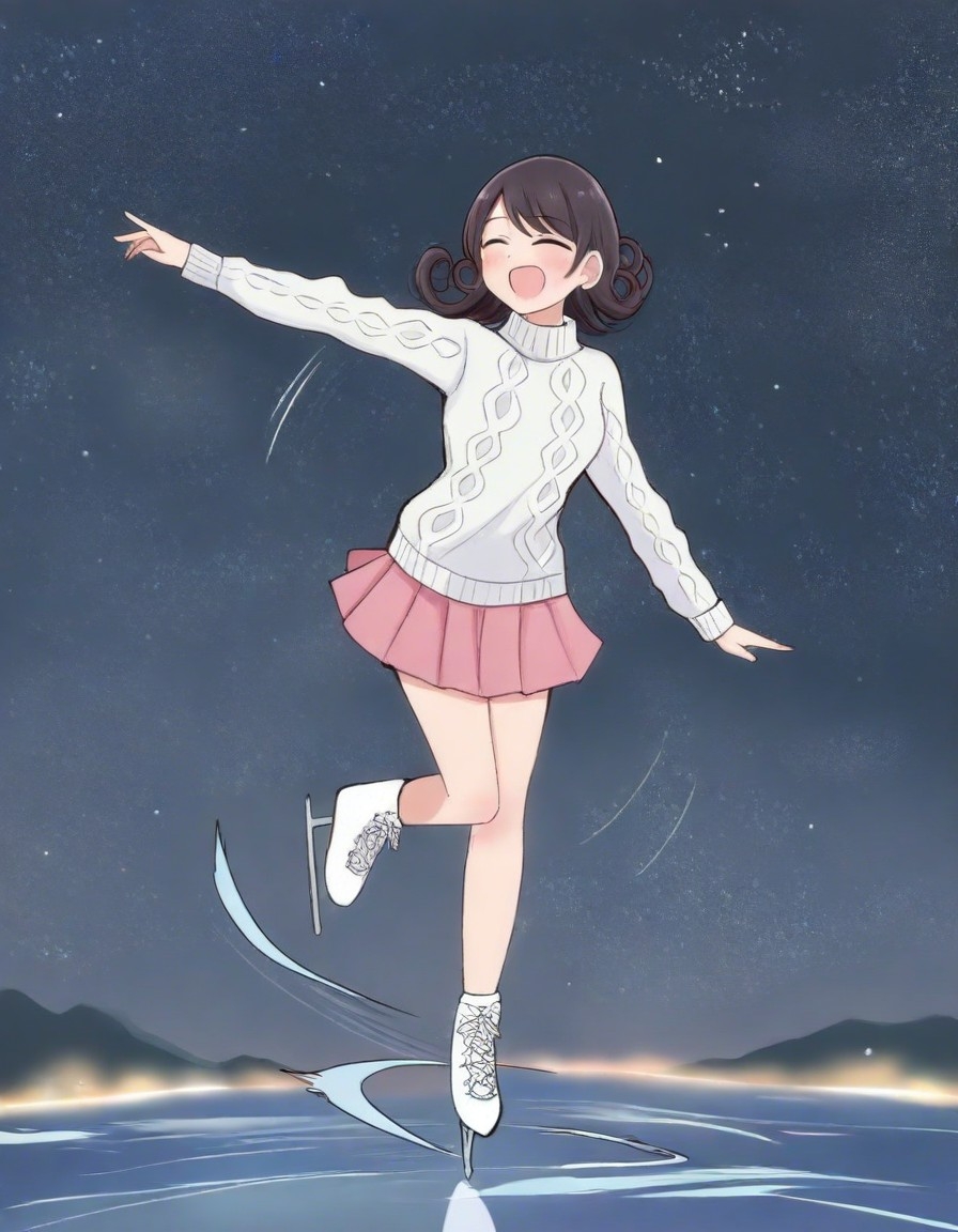 Example result. Prompt: 1girl, looking to the side, laughing, cute sweater, fuzzy sweater, pleated skirt, flared skirt, dark hair, curly hair, ice skating,…