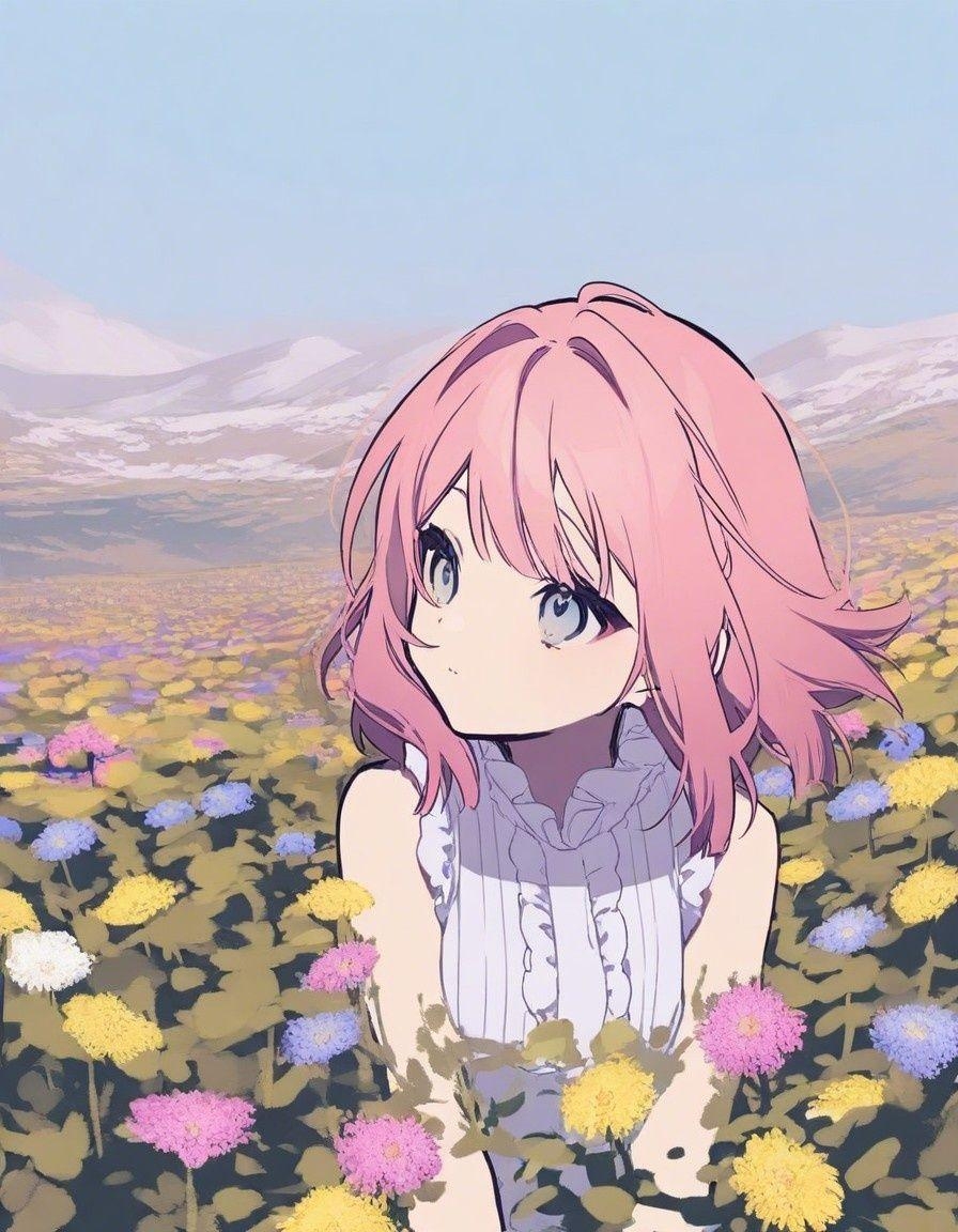 Example result. Prompt: 1girl, pale pink hair, short hair, wavy hair, sleeveless blouse, sitting on a grassy hill, surrounded by wildflowers, close portrait,…
