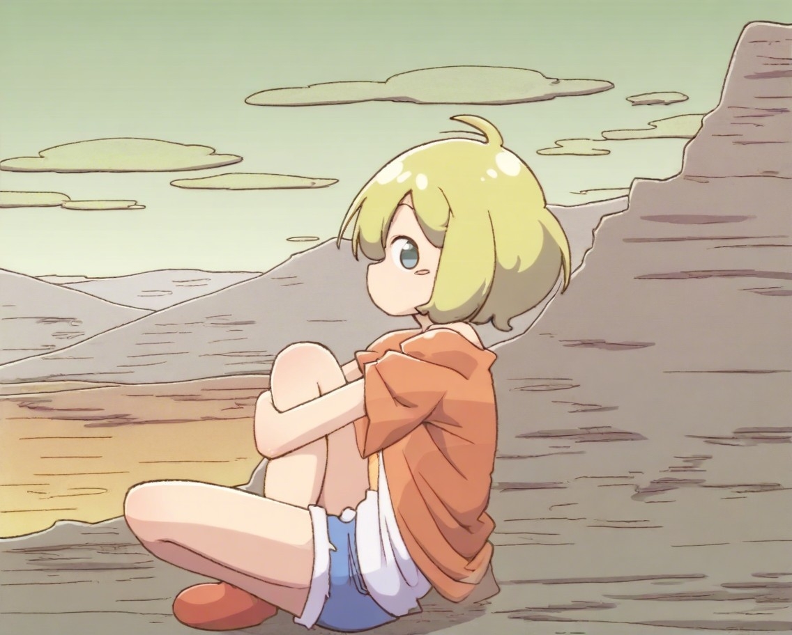 Example result. Prompt: 1girl, solo, blonde hair, short hair, tshirt, denim shorts, in the desert, sitting, hugging own legs, scenic background, masterpiece,…