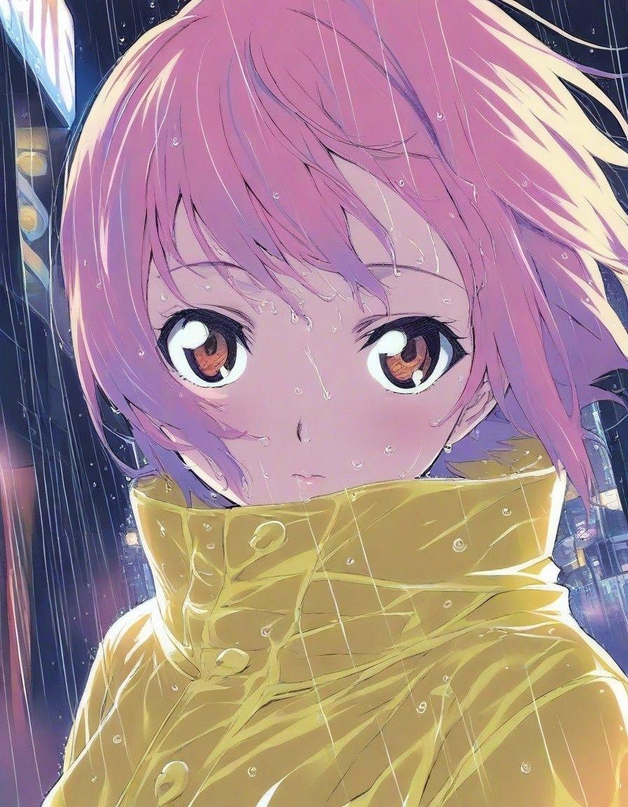 Example result. Prompt: 1girl, solo, close up, rain coat, pink hair, short hair, wind, night, city, scenic background, wet, street, reflections, neon, looking…