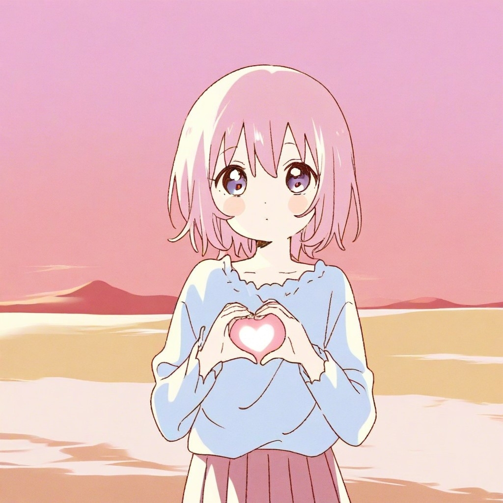 Example result. Prompt: 1girl, solo, heart hands over chest, blush, blue blouse, pleated skirt, pink hair over one eye, beach background, masterpiece, best…