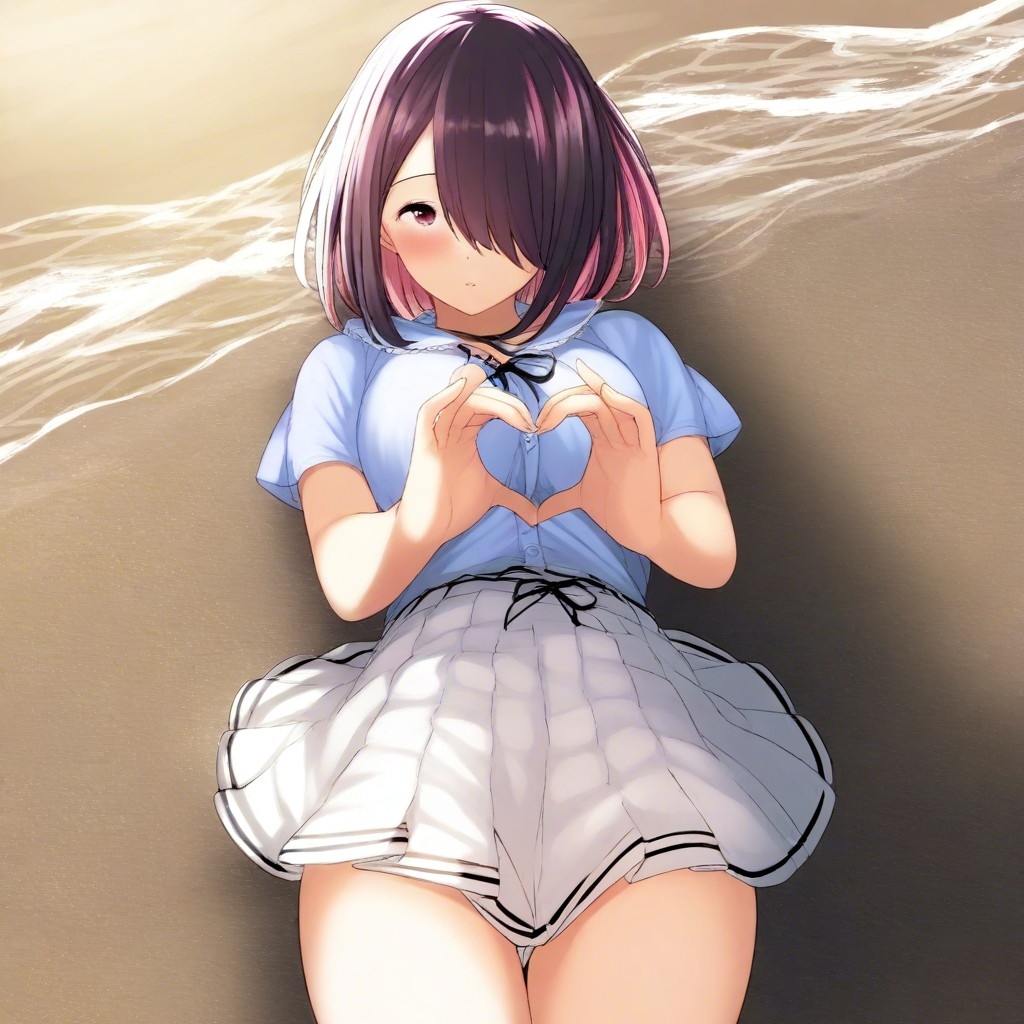 Example result. Prompt: 1girl, solo, heart hands over chest, blush, blue blouse, pleated skirt, pink hair over one eye, beach background, masterpiece, best…