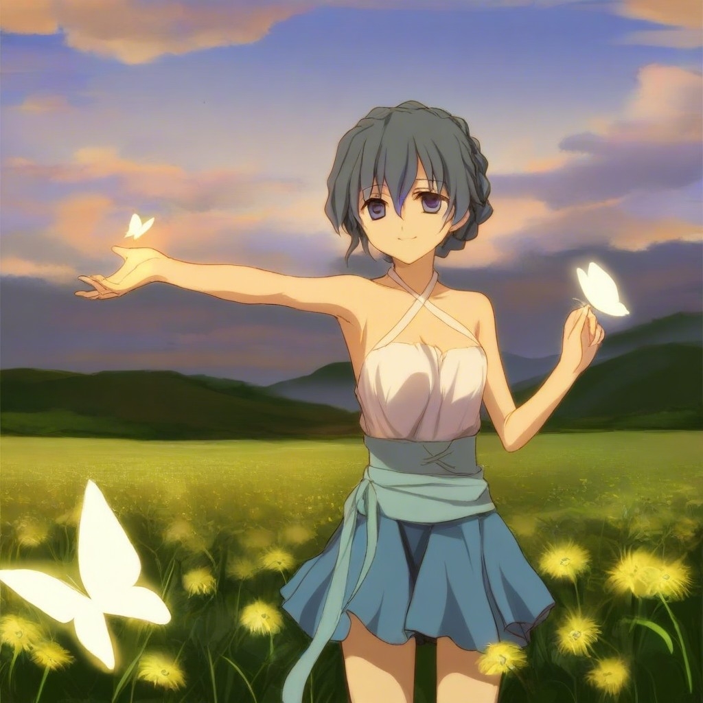 Example result. Prompt: 1girl, solo, smiling, halter blouse, ruffled skirt, braided hair, reaching for a butterfly, cowboy shot, on a hill, wildflowers,…