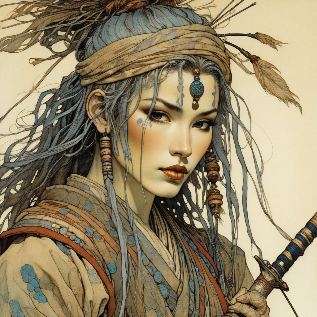Example result. Prompt: (beautiful ancient warrior:1.3), close up, samurai+, Amazon, dreadlocks, wooden beads, (face paint), (holding a weapon), (arthur…