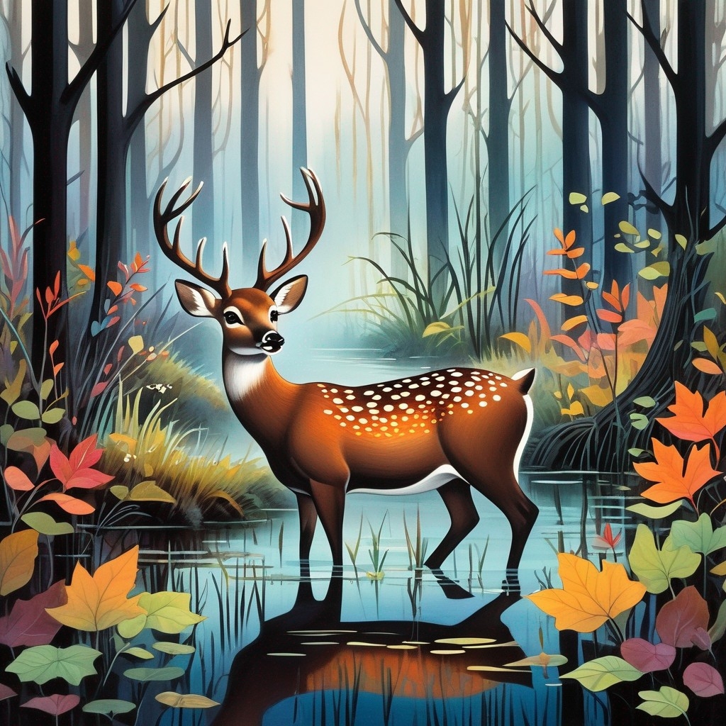 Example result. Prompt: beautiful deer, (up close:1.2), in a dark bog, dense fog, thick woods, overgrown weeds, swamp, (dark fantasy style:1.2), (Mary Blair,…