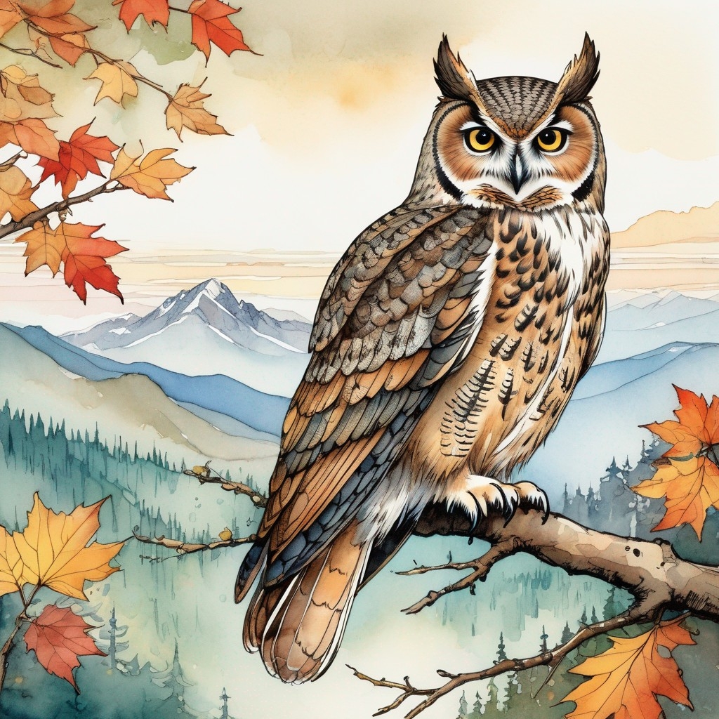 Example result. Prompt: beautiful owl, (up close:1.2), on a tall tree branch+, with a forest and mountains in the background, autumn, (storybook illustration…