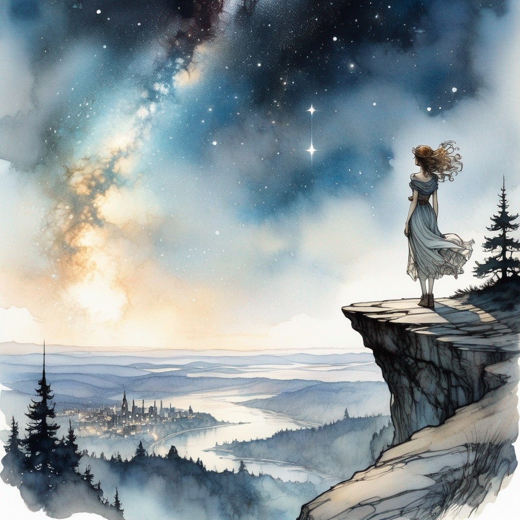 Example result. Prompt: beautiful woman standing at the edge of a cliff, looking out at a starry night, (spiral galaxy:1.3) rising above a gorgeous cityscape,…